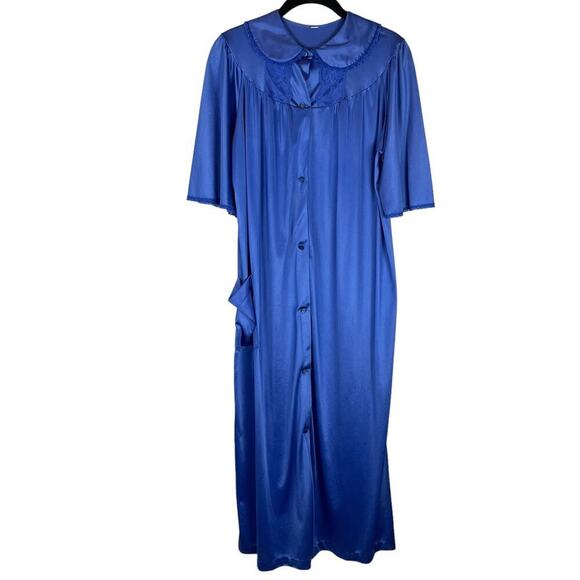 Vintage blue short sleeve lace trim button front lightweight robe - Picture 1 of 7